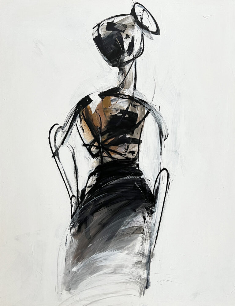 Cuadro abstracto minimalista con figura gestual en tonos tierra