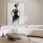 Cuadro abstracto minimalista con figura gestual en sal¢n elegante