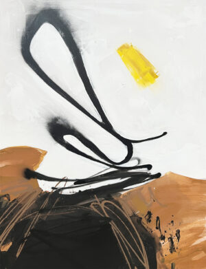 Cuadro abstracto gestual con trazos negros y acento amarillo