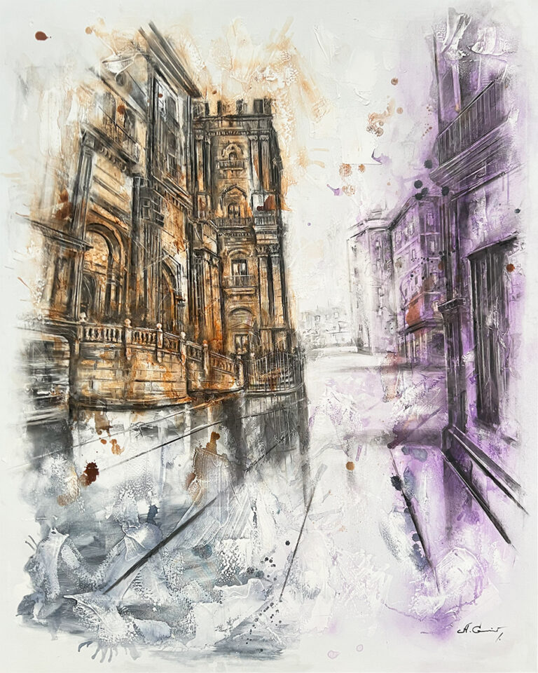 Acuarela Urbana con Toque Morado para Interiores con Carácter