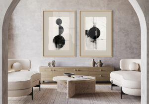 Ambiente contemporáneo con díptico abstracto de formas circulares