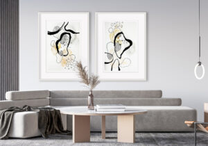 Salón moderno con arte abstracto orgánico en tonos neutros