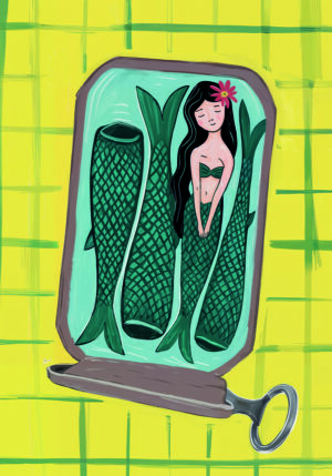 Sirena divertida en lata de sardinas