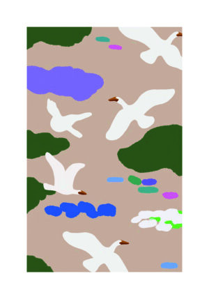 Pájaro minimalista con nubes ilustradas