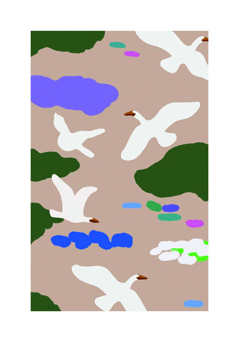 Pájaro minimalista con nubes ilustradas