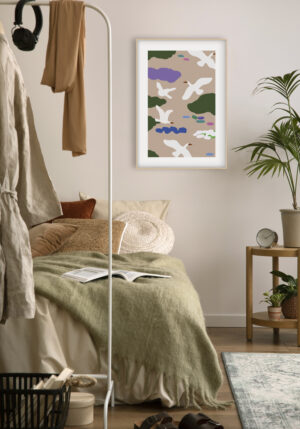 Pájaro minimalista con nubes ilustradas