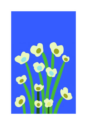 Obra floral estilizada sobre fondo azul