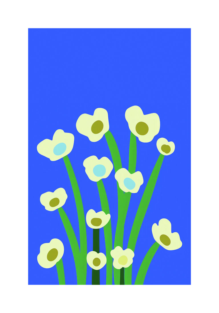 Obra floral estilizada sobre fondo azul