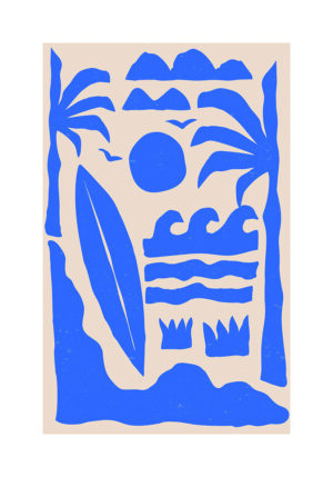 Lámina decorativa ilustrada en azul con inspiración mediterránea