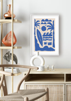 Lámina decorativa ilustrada en azul con inspiración mediterránea