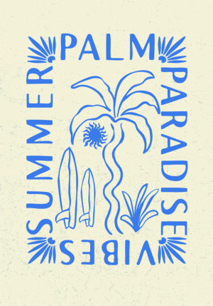 Lámina decorativa Summer Paradise con palmera y tipografía azul