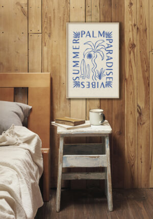 Lámina decorativa Summer Paradise con palmera y tipografía azul