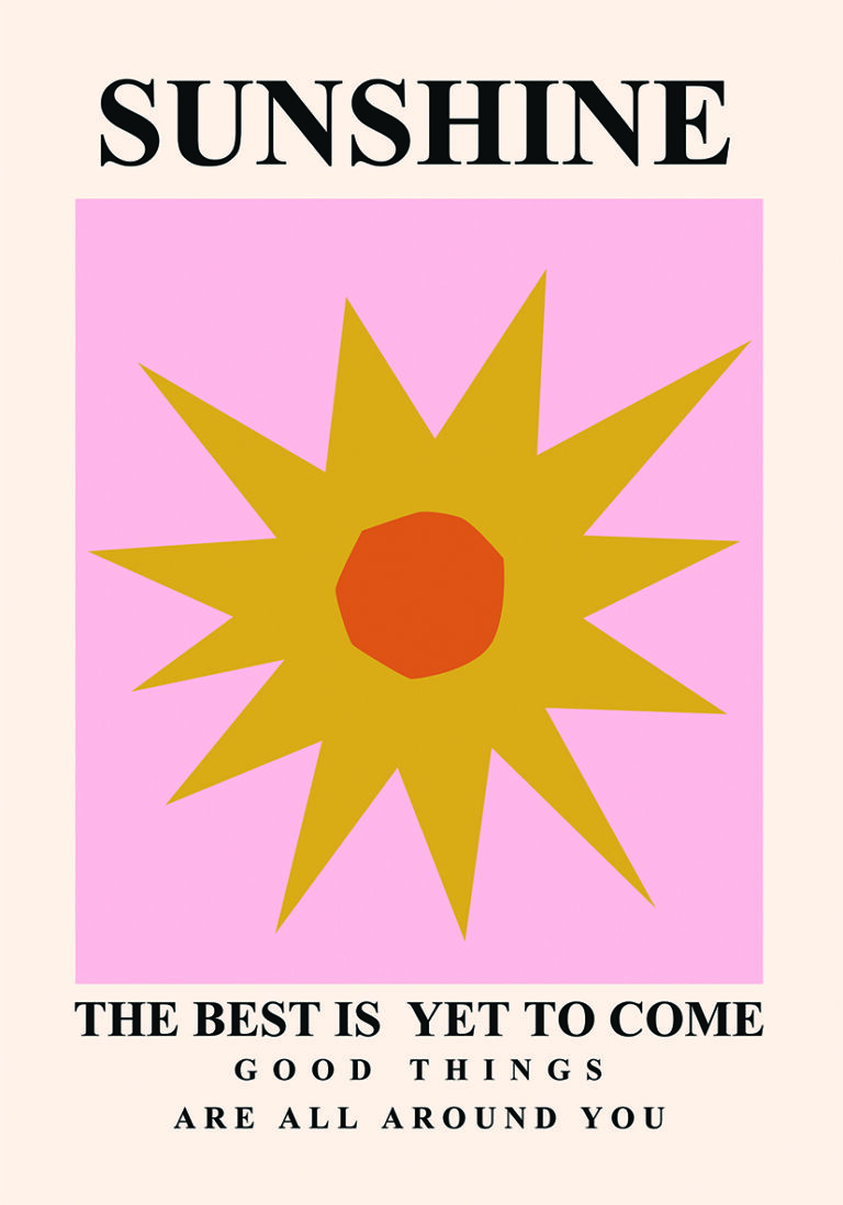Lámina decorativa con sol amarillo y mensaje Sunshine en estilo retro
