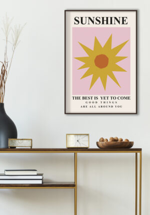 Lámina decorativa con sol amarillo y mensaje Sunshine en estilo retro