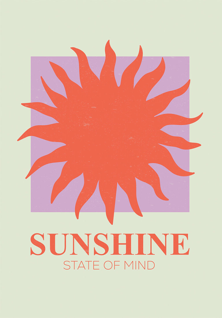 Lámina decorativa con sol naranja y mensaje Sunshine State of Mind