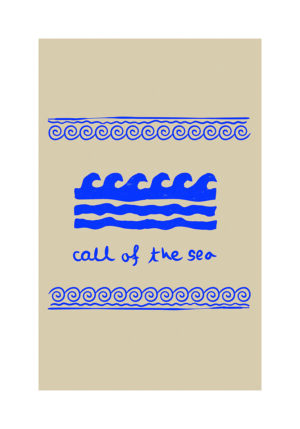Lámina ilustrada con olas azules y mensaje Call of the Sea