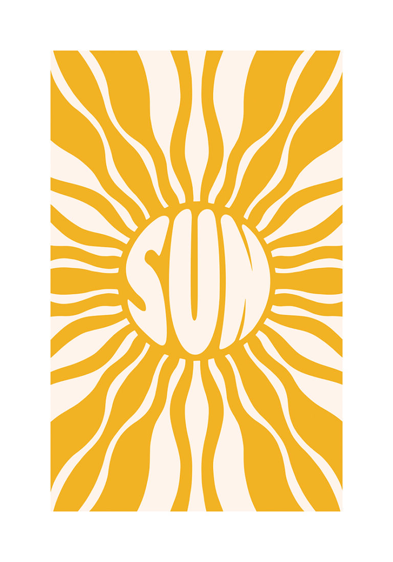 Lámina decorativa con sol y rayos amarillos en estilo gráfico