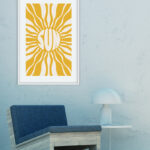 Lámina decorativa con sol y rayos amarillos en estilo gráfico