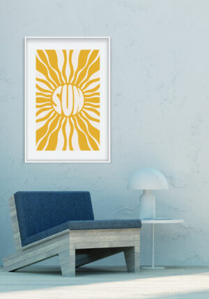 Lámina decorativa con sol y rayos amarillos en estilo gráfico