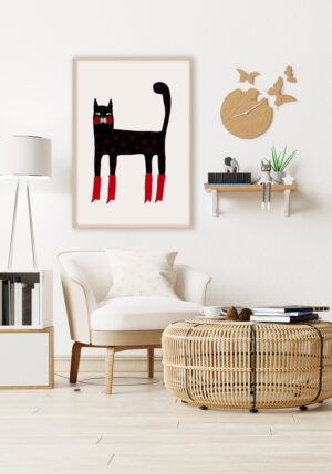 Gato Negro Ilustrado con Botas Rojas