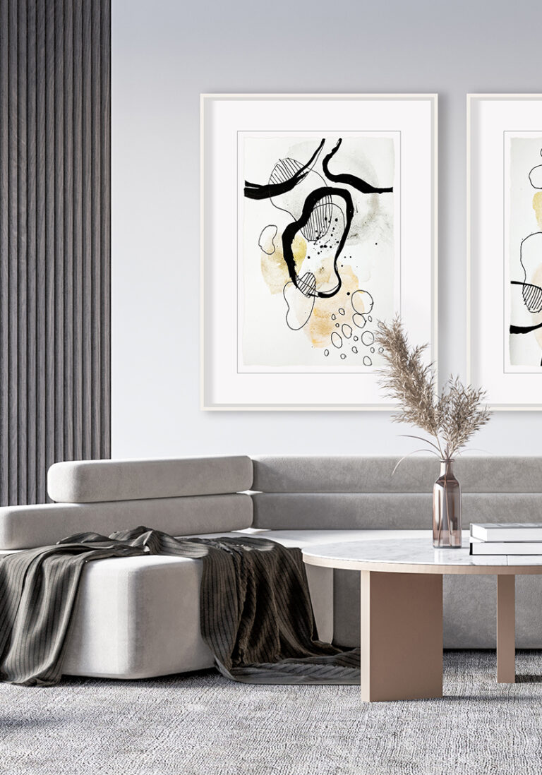 Cuadros para salón moderno en tonos neutros y estilo nórdico refinado.
