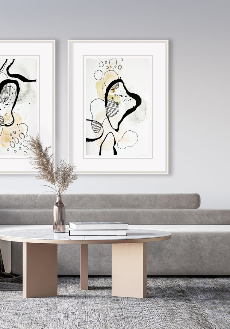Cuadros para salón moderno en tonos neutros y estilo nórdico refinado.