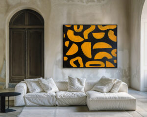 Abstracción Geométrica en Amarillo Vibrante y Negro para Interiores Audaces