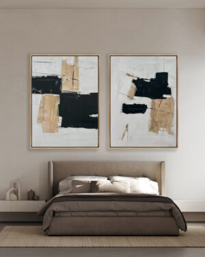 Abstracción Geométrica en Tonos Neutros y Oscuros para Dormitorios Modernos