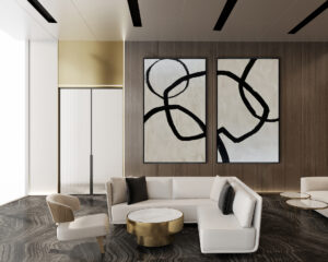 Arte abstracto moderno con líneas negras orgánicas y fondo blanco texturizado. Cuadro minimalista contemporáneo