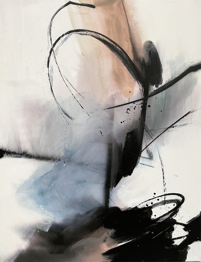 Cuadro abstracto contemporáneo en tonos oscuros y lineas expresivas