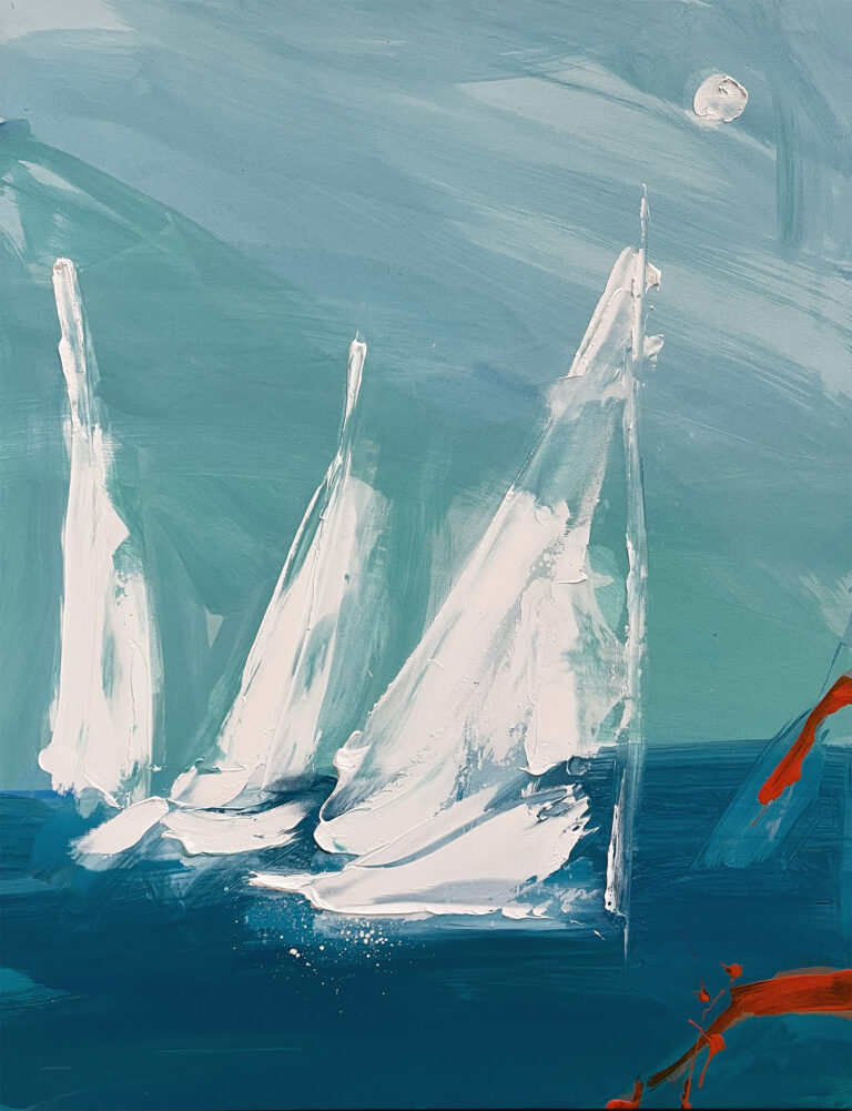 Cuadro abstracto que representa un velero navegando en tonos azules