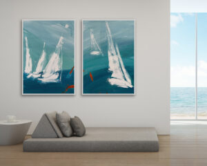 Díptico abstracto en tonos azules en salón moderno junto al mar