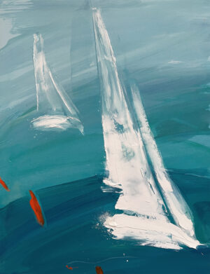 Cuadro abstracto que representa un velero navegando en tonos azules