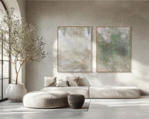 Salón moderno con composición de cuadros abstractos en tonos naturales