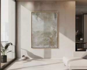 Cuadro abstracto en tonos neutros en salón minimalista