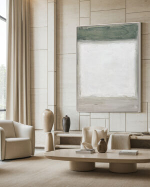 Salón contemporáneo con cuadro abstracto en tonos verdes suaves