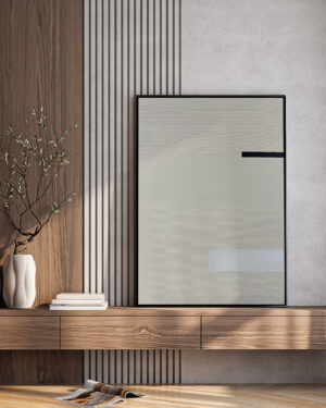 Ambiente Lienzo minimalista beige con textura ondulada y trazo negro