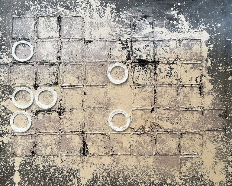Lienzo abstracto con textura de retícula y anillos en relieve blanco