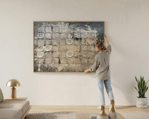 Ambiente Lienzo abstracto con textura de retícula y anillos en relieve blanco