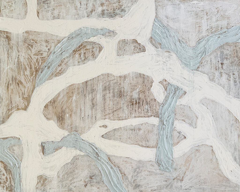 Lienzo abstracto con formas orgánicas ramificadas en blanco y azul