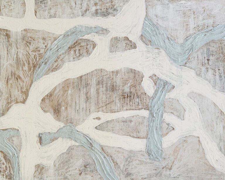 Lienzo abstracto con formas orgánicas ramificadas en blanco y azul