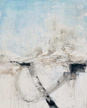 Lienzo abstracto en azul y blanco con textura atmosférica