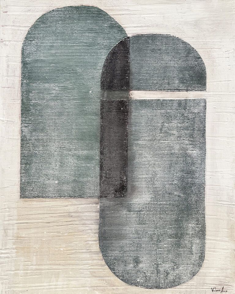 Lienzo abstracto con formas de arco en tonos grafito