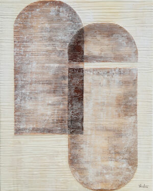 Lienzo abstracto con formas de arco en tonos ocre