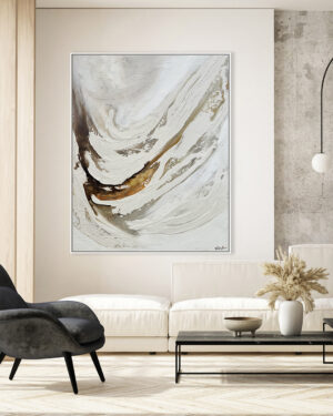 Ambiente Lienzo abstracto con movimiento fluido en blanco y ocre