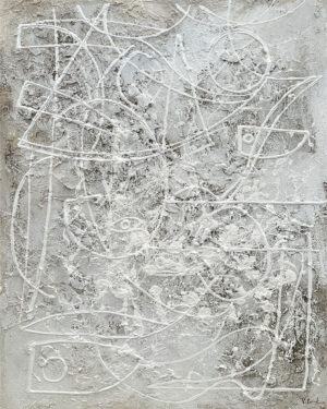 Lienzo abstracto matérico con trazo caligráfico en relieve blanco