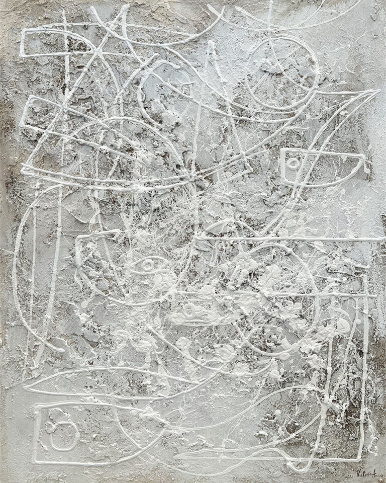 Lienzo abstracto matérico con trazo caligráfico en relieve blanco