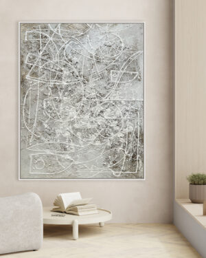 Ambiente Lienzo abstracto matérico con trazo caligráfico en relieve blanco