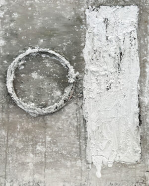 Lienzo abstracto con círculo y rectángulo en relieve blanco