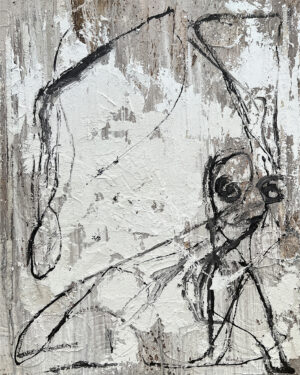 Lienzo abstracto con trazo lineal expresivo en blanco roto